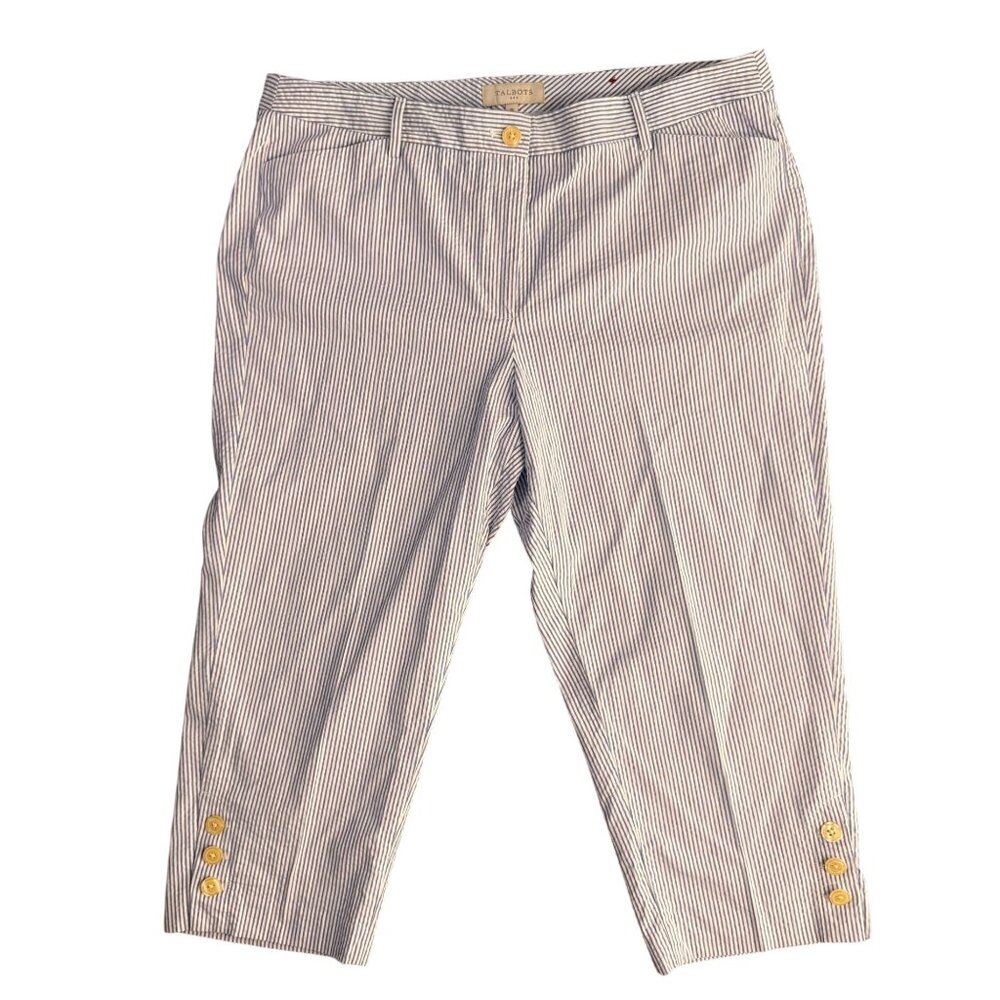 Talbots Cropped Seersucker Pants Womens‎ 16 Button Detail Coastal Beach Preppy
